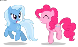 Size: 1500x900 | Tagged: safe, artist:asika-aida, derpibooru import, pinkie pie, trixie, pony, unicorn, eyes closed, female, grin, happy, looking back, mare, open mouth, pronking, simple background, smiling, smirk, transparent background, vector