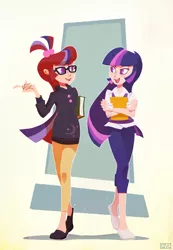 Size: 1400x2023 | Tagged: amending fences, artist:ajvl, book, clothes, derpibooru import, duo, female, glasses, human, humanized, looking at each other, moondancer, open mouth, pants, safe, shirt, shoes, sweater, twilight sparkle