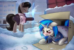 Size: 1600x1080 | Tagged: safe, artist:anti1mozg, derpibooru import, octavia melody, vinyl scratch, earth pony, human, pony, unicorn, fanfic, fanfic:broken toy, alleyway, breath, cardboard box, clothes, duo, fanfic art, female, floppy ears, homeless, mare, red nosed, sad, snow, snowfall, winter