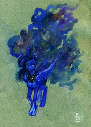 Size: 2370x3311 | Tagged: artist:arainmorn, derpibooru import, impossibly long hair, impossibly long tail, long mane, long tail, princess luna, safe, solo, traditional art, watercolor painting