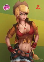 Size: 2480x3508 | Tagged: alternative cutie mark placement, applejack, artist:hunky-dory-artist, belly button, bra, breasts, busty applejack, cleavage, clothes, cutie mark, daisy dukes, derpibooru import, erect nipples, female, fingerless gloves, front knot midriff, gloves, human, humanized, midriff, necklace, nipple outline, open clothes, panties, shorts, solo, suggestive, thong, underwear