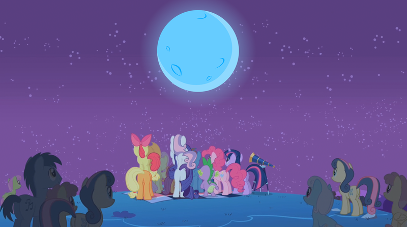 Size: 1808x1009 | Tagged: apple bloom, applejack, blue moon, blues, bon bon, cutie mark crusaders, derpibooru import, dizzy twister, edit, edited screencap, fluttershy, linky, mane seven, mane six, merry may, moon, night, noteworthy, orange swirl, owl's well that ends well, pinkie pie, rainbow dash, rarity, safe, scootaloo, screencap, shoeshine, spike, sweetie belle, sweetie drops, twilight sparkle