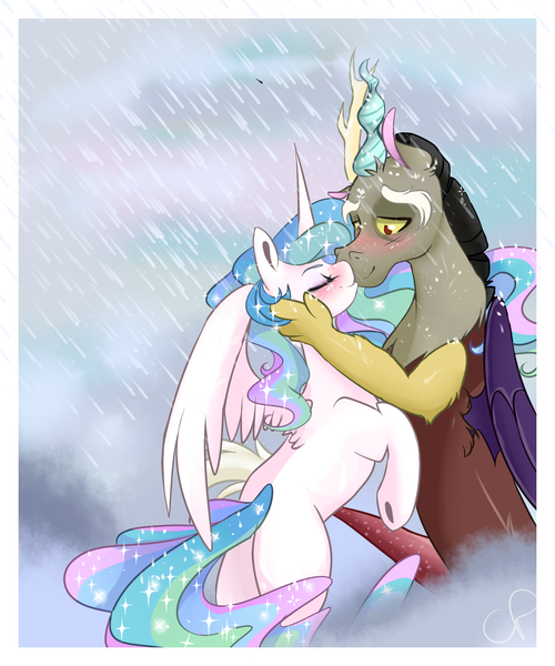 Size: 1500x1800 | Tagged: safe, artist:chocolateponi, derpibooru import, discord, princess celestia, blushing, dislestia, female, kissing, male, missing cutie mark, rain, shipping, spread wings, straight