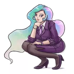 Size: 800x800 | Tagged: artist:king-kakapo, business suit, clothes, derpibooru import, female, high heels, human, humanized, jacket, necktie, pantyhose, princess celestia, safe, simple background, sketch, skirt, solo, squatting, white background