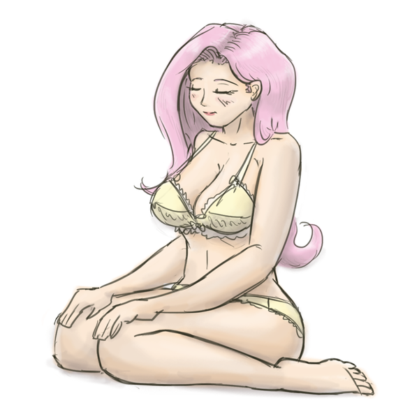 Size: 800x800 | Tagged: artist:king-kakapo, barefoot, bra, breasts, busty fluttershy, clothes, derpibooru import, eyes closed, feet, female, fluttershy, frilly underwear, human, humanized, kneeling, panties, sketch, smiling, solo, solo female, suggestive, underwear, yellow underwear