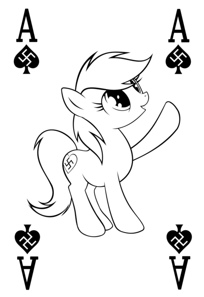 Size: 2297x3335 | Tagged: ace, ace of spades, artist:accu, artist:rainbow, black and white, card, derpibooru import, edit, eye lashes, game, grayscale, heart, heil, looking up, monochrome, nazi, oc, oc:aryanne, playing card, poker, safe, salute, simple background, smiling, solo, spade, standing, swastika, unofficial characters only, white background