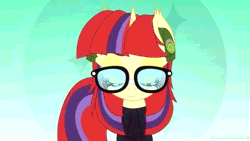 Size: 640x360 | Tagged: safe, artist:an-m, derpibooru import, moondancer, pony, unicorn, abstract background, adorkable, animated, blinking, clothes, cute, dancerbetes, dancing, dork, ear tufts, eyes closed, female, gif, glasses, headbob, headphones, lidded eyes, looking at you, mare, one eye closed, party soft, smiling, solo, sweater, turtleneck, wink