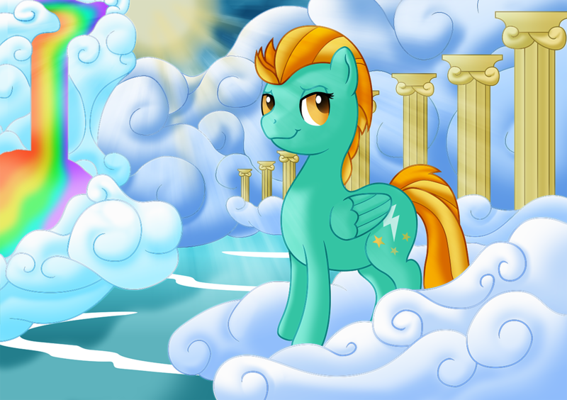 Size: 1280x903 | Tagged: safe, artist:fly1ngsquid, derpibooru import, lightning dust, pegasus, pony, cloud, cloudy, crepuscular rays, rainbow, solo