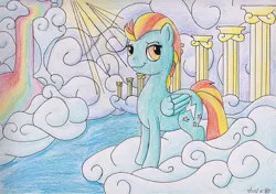 Size: 1280x903 | Tagged: safe, artist:fly1ngsquid, derpibooru import, lightning dust, pegasus, pony, cloud, cloudy, crepuscular rays, drawing, rainbow, solo, traditional art