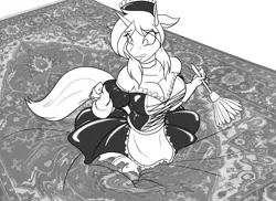 Size: 1280x931 | Tagged: suggestive, artist:toughset, derpibooru import, oc, oc:skyfall, unofficial characters only, anthro, unicorn, breasts, bust, cleavage, clothes, corset, duster, female, fetish, gloves, hat, latex, maid, monochrome, peril, quickrug, quicksand, rug, sinking, solo, spypone
