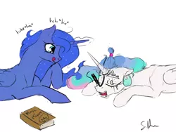 Size: 1280x960 | Tagged: safe, artist:silfoe, derpibooru import, princess celestia, princess luna, royal sketchbook, body writing, drunk, drunklestia, face doodle, prank, this will end in tears and/or a journey to the moon, tongue out