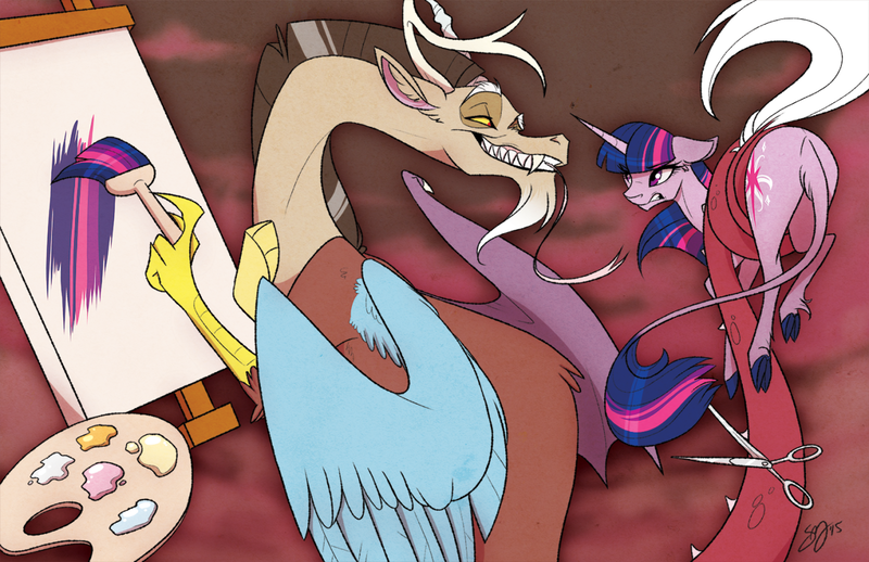 Size: 1280x829 | Tagged: safe, artist:probablyfakeblonde, derpibooru import, discord, twilight sparkle, classical unicorn, draconequus, pony, unicorn, annoyed, duo, easel, female, grin, gritted teeth, leonine tail, male, mare, paint, paintbrush, painting, palette, scissors, tail hold, unicorn twilight