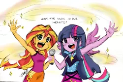 Size: 540x360 | Tagged: safe, artist:aizy-boy, derpibooru import, sunset shimmer, twilight sparkle, twilight sparkle (alicorn), equestria girls, rainbow rocks, duet, lyrics, microphone, scene interpretation, singing, sleeveless, text, traditional art