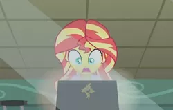 Size: 1014x646 | Tagged: safe, derpibooru import, screencap, sunset shimmer, equestria girls, friendship games, the science of magic, computer, laptop computer, oh crap face, shrunken pupils, solo, sunset the science gal, youtube link