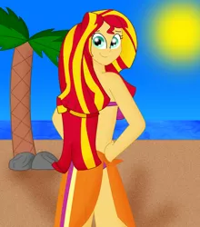 Size: 900x1021 | Tagged: safe, artist:cyber-murph, derpibooru import, sunset shimmer, equestria girls, beach, bikini, clothes, looking at you, looking back, palm tree, sarong, small head, solo, swimsuit, tree