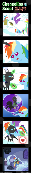 Size: 600x3263 | Tagged: safe, artist:vavacung, derpibooru import, daring do, rainbow dash, changeling, comic:changeling-scout, bed, book, cider, comic, crying, cute, dashabetes, frown, heart, hug, levitation, magic, misconception, ocular gushers, pointy ponies, prone, reading, smiling, telekinesis, thought bubble