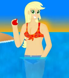 Size: 1716x1940 | Tagged: safe, artist:cyber-murph, derpibooru import, applejack, equestria girls, apple, bad anatomy, beach, belly button, bikini, clothes, looking at you, small head, solo, swimsuit