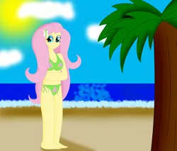 Size: 2616x2224 | Tagged: safe, artist:cyber-murph, derpibooru import, fluttershy, equestria girls, beach, belly button, bikini, clothes, looking at you, palm tree, smiling, solo, swimsuit, tree