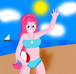Size: 2048x1996 | Tagged: safe, artist:cyber-murph, derpibooru import, pinkie pie, equestria girls, armpits, beach, beach ball, belly button, bikini, boat, clothes, looking at you, smiling, solo, swimsuit, waving