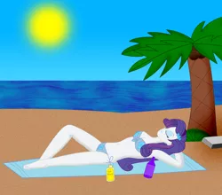 Size: 2012x1772 | Tagged: safe, artist:cyber-murph, derpibooru import, rarity, equestria girls, armpits, barefoot, beach, belly button, bikini, clothes, eyes closed, feet, lying down, on back, palm tree, smiling, soda, solo, sunscreen, swimsuit, tree