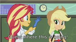 Size: 852x471 | Tagged: suggestive, derpibooru import, edit, edited screencap, screencap, applejack, sunset shimmer, equestria girls, friendship games, the science of magic, appleshimmer, caption, exploitable meme, female, image macro, imminent fisting, imminent prostate exam, implied anal fingering, lesbian, meme, out of context, rubber gloves, shipping, sunset the science gal, sunset's prostate exam