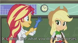 Size: 852x471 | Tagged: suggestive, derpibooru import, edit, edited screencap, screencap, applejack, sunset shimmer, equestria girls, friendship games, the science of magic, appleshimmer, caption, exploitable meme, female, image macro, imminent prostate exam, implied anal fingering, lesbian, meme, out of context, rubber gloves, shipping, sunset the science gal, sunset's prostate exam