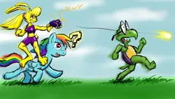 Size: 1366x768 | Tagged: artist:yalcahoon, chase, derpibooru import, furry, hare, laser, laser gun, question mark, rabbit, rainbow dash, riding, running, safe, turtle, video game, wat, wut face