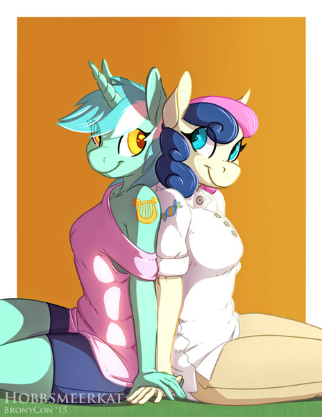 Size: 1280x1656 | Tagged: safe, artist:hobbsmeerkat, derpibooru import, bon bon, lyra heartstrings, sweetie drops, anthro, earth pony, unicorn, alternative cutie mark placement, back to back, cleavage, clothes, couple, female, holding hands, image, jpeg, lesbian, looking at each other, looking back, lyrabon, off shoulder, shipping, shoulder cutie mark, sitting, smiling