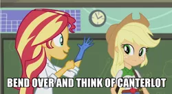 Size: 852x471 | Tagged: suggestive, derpibooru import, edit, edited screencap, screencap, applejack, sunset shimmer, equestria girls, friendship games, the science of magic, appleshimmer, bend over, caption, exploitable meme, female, image macro, imminent prostate exam, implied anal fingering, lesbian, meme, out of context, rubber gloves, shipping, sunset the science gal, sunset's prostate exam