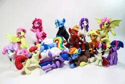 Size: 1280x853 | Tagged: safe, artist:dustysculptures, derpibooru import, apple bloom, applejack, big macintosh, fluttershy, moondancer, pinkie pie, rainbow dash, rarity, sweetie belle, trixie, twilight sparkle, pony, turkey, aiden pearce, alternate hairstyle, apple, bipedal, book, clothes, cloud, cloudy, costume, flutterbat, group photo, irl, jacket, mobile phone, parody, phone, photo, sculpture, self ponidox, sleeping, turkey costume