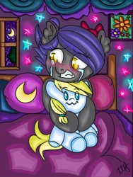 Size: 768x1024 | Tagged: safe, artist:dolphininspace, derpibooru import, oc, oc:cloud skipper, oc:midnight blossom, unofficial characters only, bat pony, pony, blushing, cloudblossom, crescent moon, crying, ear fluff, hug, night, stars, toy, transparent moon