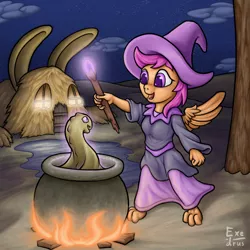 Size: 1536x1536 | Tagged: anthro, artist:exedrus, cauldron, derpibooru import, desert, fire, hat, magic, night, safe, scootaloo, witch, witch hat