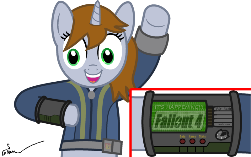 Size: 2400x1500 | Tagged: safe, artist:the barbaric brony, derpibooru import, oc, oc:littlepip, unofficial characters only, pony, unicorn, fallout equestria, fanfic, arm, buttons, clothes, crossover, electronic, fallout, fallout 4, fanfic art, female, futuristic, hooves, horn, mare, monitor, open mouth, paint.net, pipboy, pipbuck, signature, simple background, solo, teeth, text, transparent background, vault suit, vector, watermark