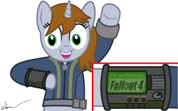 Size: 2400x1500 | Tagged: safe, artist:the barbaric brony, derpibooru import, oc, oc:littlepip, unofficial characters only, pony, unicorn, fallout equestria, fanfic, arm, buttons, clothes, crossover, electronic, fallout, fallout 4, fanfic art, female, futuristic, hooves, horn, mare, monitor, open mouth, paint.net, pipboy, pipbuck, signature, simple background, solo, teeth, text, transparent background, vault suit, vector, watermark