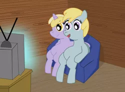 Size: 1024x756 | Tagged: artist:lordswinton, chirpy hooves, couch, derpibooru import, dinky hooves, safe, sibling bonding, television