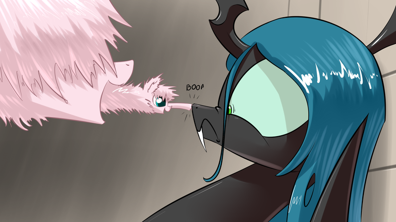 Size: 1920x1080 | Tagged: safe, derpibooru import, queen chrysalis, oc, oc:fluffle puff, alien, changeling, changeling queen, pony, xenomorph, adoracreepy, alien (franchise), alien 3, alien take, boop, canon x oc, chrysipuff, creepy, cute, cutealis, female, flufflebetes, frown, lesbian, nose wrinkle, open mouth, scared, shipping, smiling, wat, wide eyes