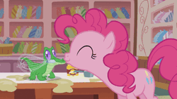 Size: 499x281 | Tagged: animated, cute, derpibooru import, eyes closed, grin, gummy, heart, kissing, kiss on the lips, mouth hold, pinkie pie, platonic kiss, safe, screencap, smiling, the lost treasure of griffonstone