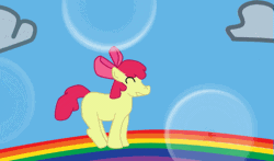 Size: 523x308 | Tagged: safe, artist:mabu, derpibooru import, apple bloom, earth pony, pony, 1000 hours in ms paint, 30 minute art challenge, animated, dancing, filly, ms paint, pink fluffy unicorns dancing on rainbows, rainbow