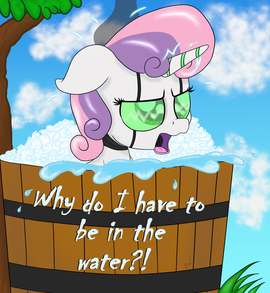 Size: 2500x2714 | Tagged: safe, artist:arcuswind, derpibooru import, sweetie belle, pony, robot, robot pony, unicorn, friendship is witchcraft, bath, female, filly, foal, forced bathing, horn, open mouth, solo, sweetie bot, tree