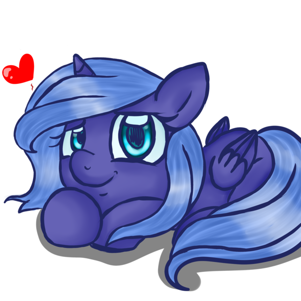 Size: 3000x3000 | Tagged: safe, artist:katkakakao, derpibooru import, princess luna, cute, filly, heart, looking at you, lunabetes, prone, simple background, smiling, solo, transparent background, woona, younger