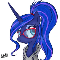 Size: 3000x3000 | Tagged: safe, artist:katkakakao, derpibooru import, princess luna, alternate hairstyle, clothes, glasses, hoodie, ponytail, simple background, solo