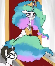 Size: 1280x1536 | Tagged: afro, artist:silfoe, body writing, boop, celestia is not amused, censorship, derpibooru import, face doodle, floppy ears, frizzy hair, frolestia, frown, :i, nose wrinkle, princess celestia, raven, royal sketchbook, safe, sitting, :t, throne, unamused, wide eyes