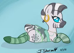 Size: 606x442 | Tagged: artist:jeremystorm, clothes, derpibooru import, female, green underwear, lingerie, missing accessory, panties, plot, prone, simple background, socks, solo, solo female, stockings, striped socks, suggestive, thong, underhoof, underwear, zebra, zecora