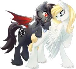 Size: 2055x1877 | Tagged: safe, artist:pyoo-kee-pony, derpibooru import, oc, oc:freyja angel, oc:qetesh, unofficial characters only, bat pony, pegasus, pony, cuddling, female, snuggling, wink