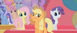 Size: 1024x447 | Tagged: safe, derpibooru import, screencap, applejack, cherry berry, derpy hooves, dizzy twister, fluttershy, linky, lyra heartstrings, minuette, orange swirl, rarity, shoeshine, twinkleshine, pegasus, pony, the return of harmony, animation error, cropped, female, great moments in animation, mare, no eyelashes, rarieyes, rerity