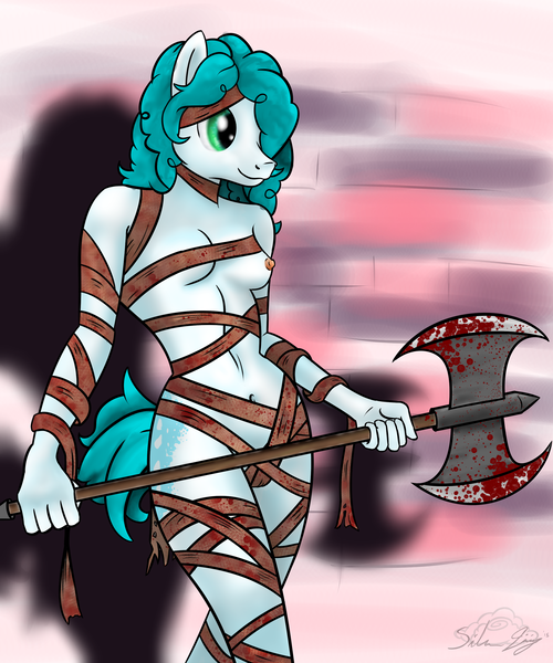 Size: 2500x3000 | Tagged: anthro, artist:14silverlining, axe, belly button, blood, commission, derpibooru import, female, gauze, nipples, nudity, oc, questionable, semi-grimdark, solo, solo female, unofficial characters only