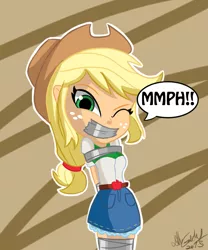 Size: 757x911 | Tagged: suggestive, artist:gaggeddude32, derpibooru import, applejack, equestria girls, arm behind back, bondage, clothes, cowboy hat, denim skirt, duct tape, freckles, gag, hat, muffled moaning, one eye closed, signature, skirt, solo, speech bubble, stetson, struggling, tape gag