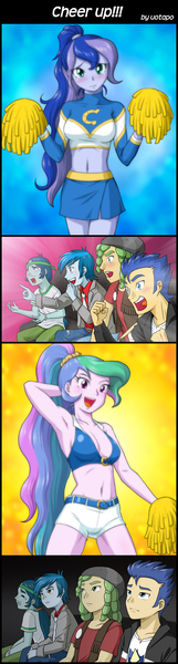 Size: 800x2984 | Tagged: suggestive, artist:uotapo, derpibooru import, captain planet, flash sentry, princess celestia, princess luna, sandalwood, thunderbass, equestria girls, alternate hairstyle, armpits, background human, belly button, blushing, breasts, busty princess celestia, busty princess luna, cheerleader, cleavage, clothes, comic, crying, embarrassed, eyes closed, female, frown, midriff, open mouth, parody, pointing, pom pom, ponytail, principal celestia, reaction guys, sexy, shorts, skirt, smiling, trying too hard, vice principal luna