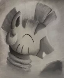 Size: 1200x1464 | Tagged: artist:inkygarden, charcoal drawing, cute, derpibooru import, eyes closed, giggling, happy, monochrome, open mouth, safe, smiling, solo, traditional art, zebra, zecora, zecorable