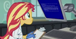 Size: 1044x544 | Tagged: safe, derpibooru import, screencap, sunset shimmer, equestria girls, friendship games, the science of magic, blue screen of death, clipboard, clothes, computer, exploitable meme, inverted mouth, lab coat, meme, pencil, rubber gloves, solo, sunset the science gal, sunset's computer